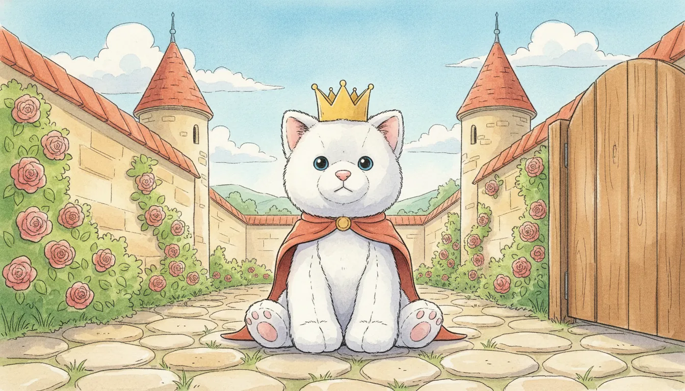 Dieselbe Plüsch-Katze als Aquarell-Heldin mit Stoffkrone in einem sonnigen Burghof mit Rosenmauer