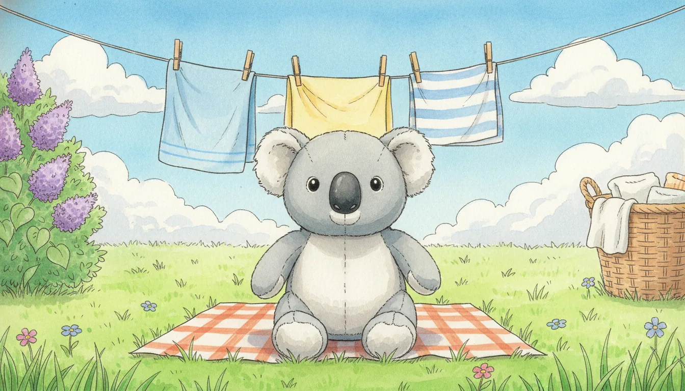 Derselbe Plüsch-Koala als Aquarell-Held vor einer sonnigen Wäscheleine im Garten