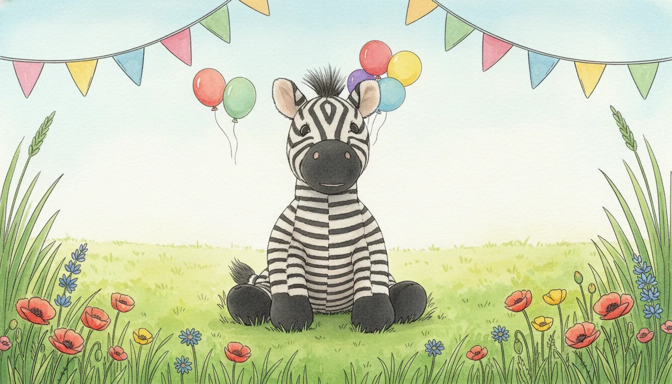 Dasselbe Plüsch-Zebra als Aquarell-Held auf einer sonnigen Geburtstagswiese