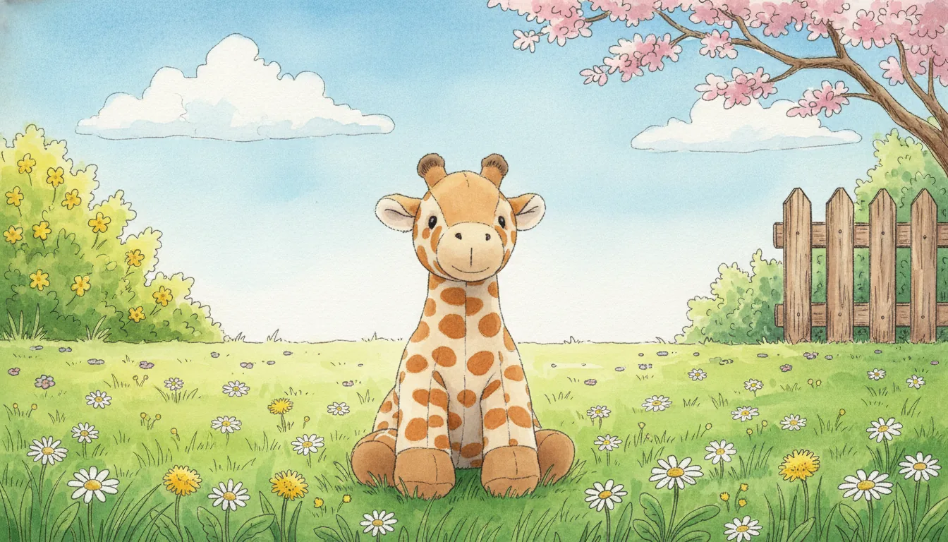 Dieselbe Plüsch-Giraffe als Aquarell-Held auf einer sonnigen Blumenwiese