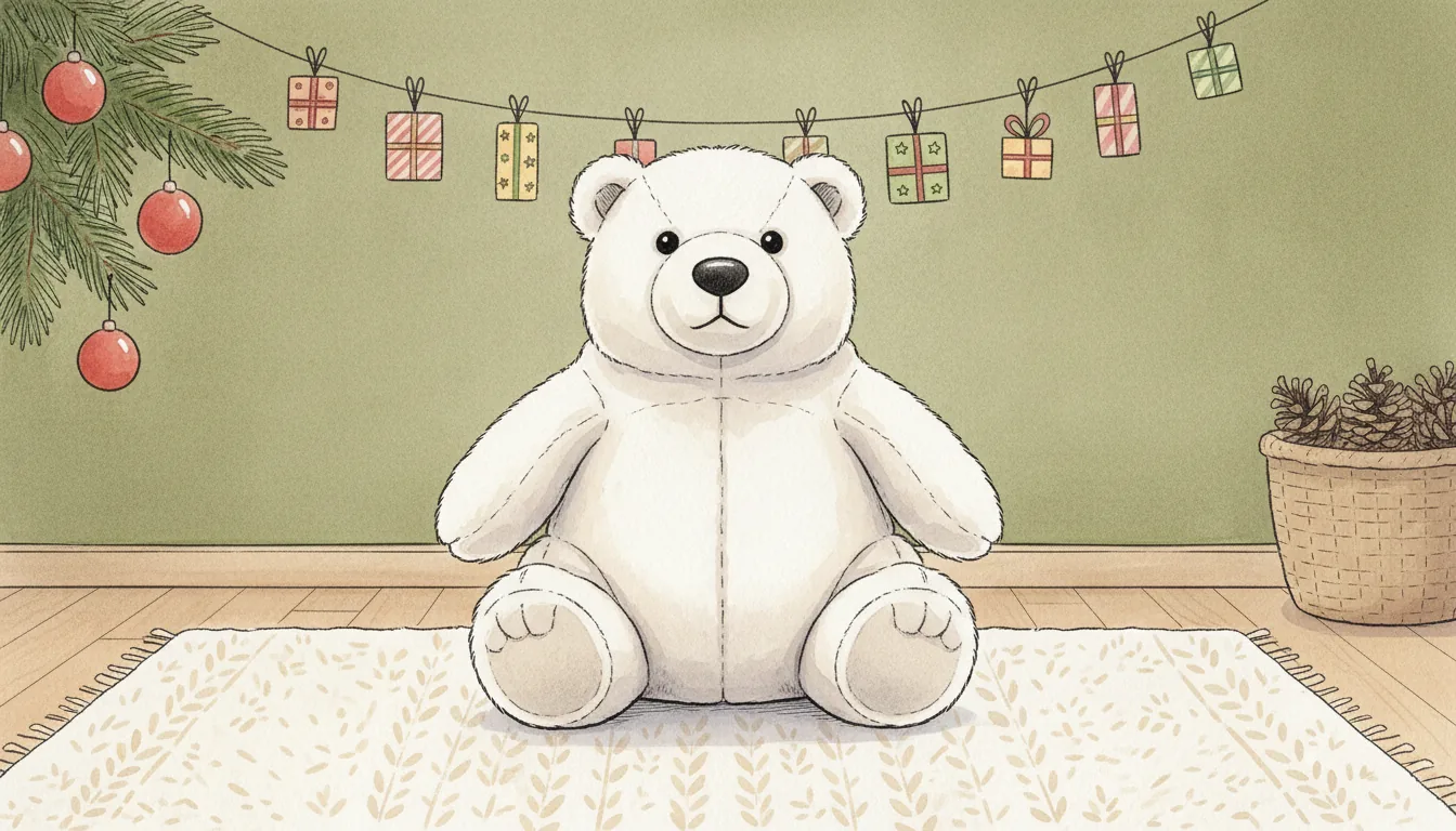 Derselbe Plüsch-Eisbär als Aquarell-Held in einer winterlichen Stube vor einer Schnur voller Adventspäckchen