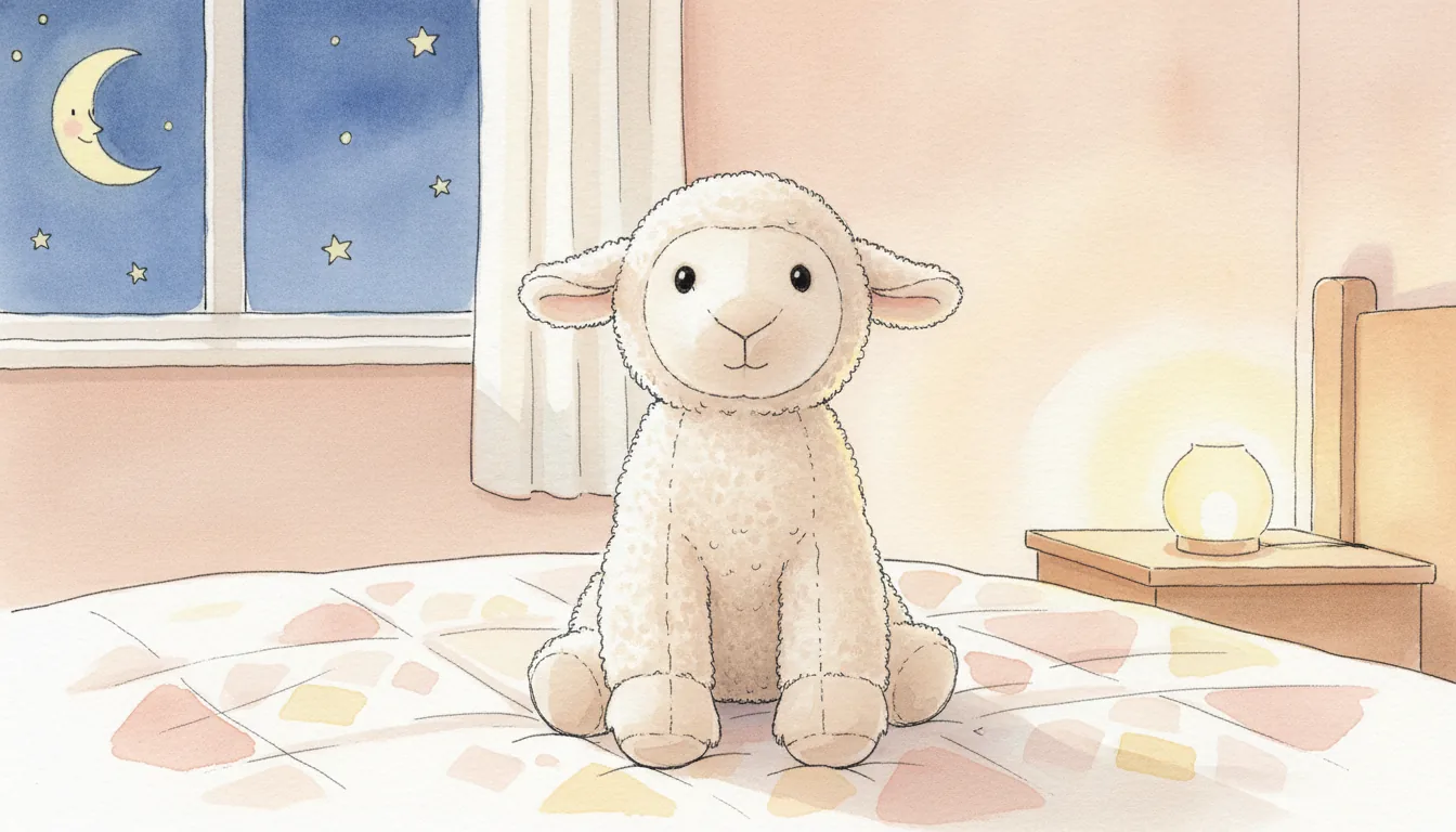 Dasselbe Plüsch-Lamm als Aquarell-Held in einem warmen Schlafzimmer, Mond und Sterne am Fenster