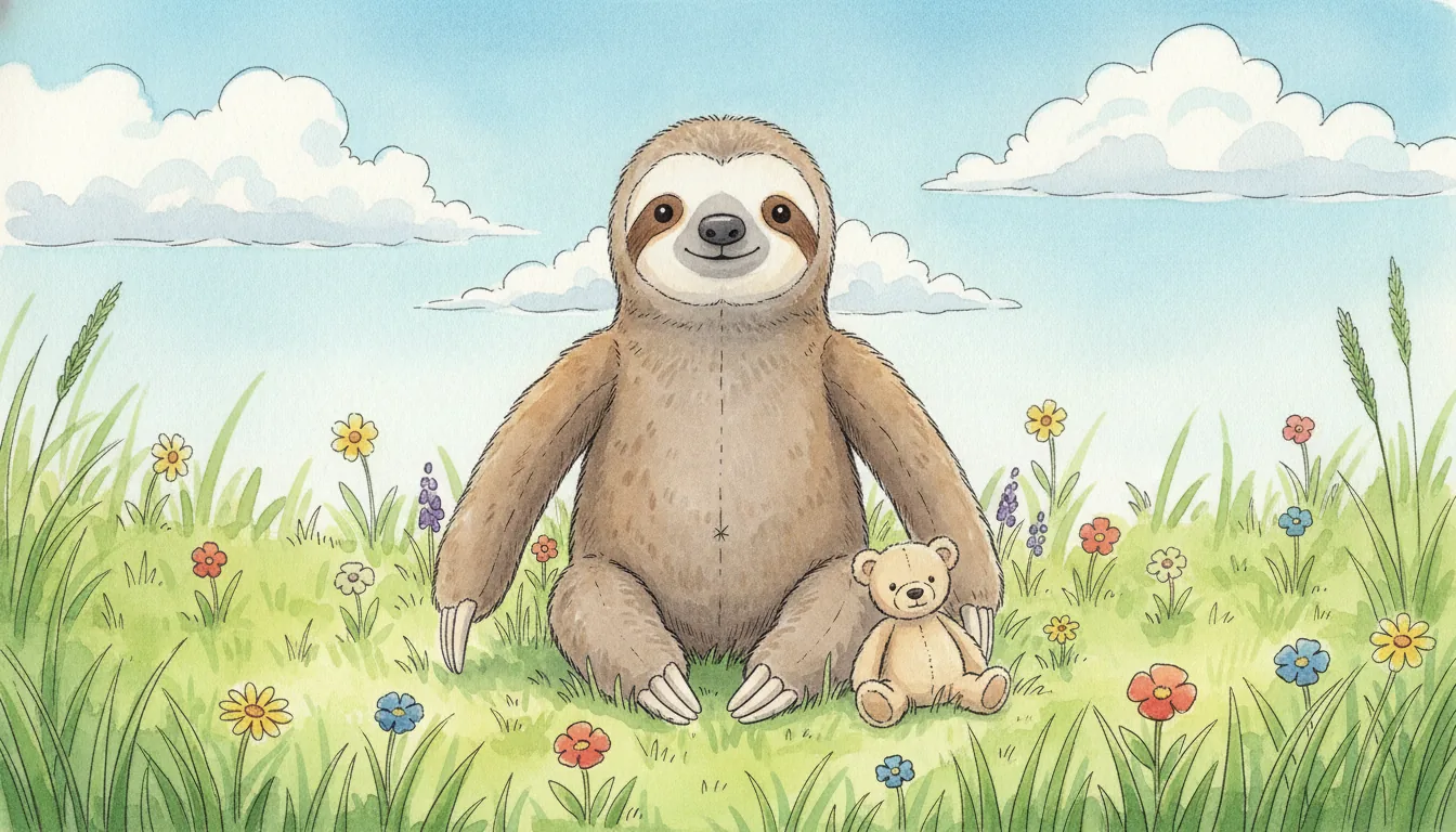 Dasselbe Plüsch-Faultier als Aquarell-Held auf einer sonnigen Blumenwiese, das kleinere Stofftier an seiner Seite