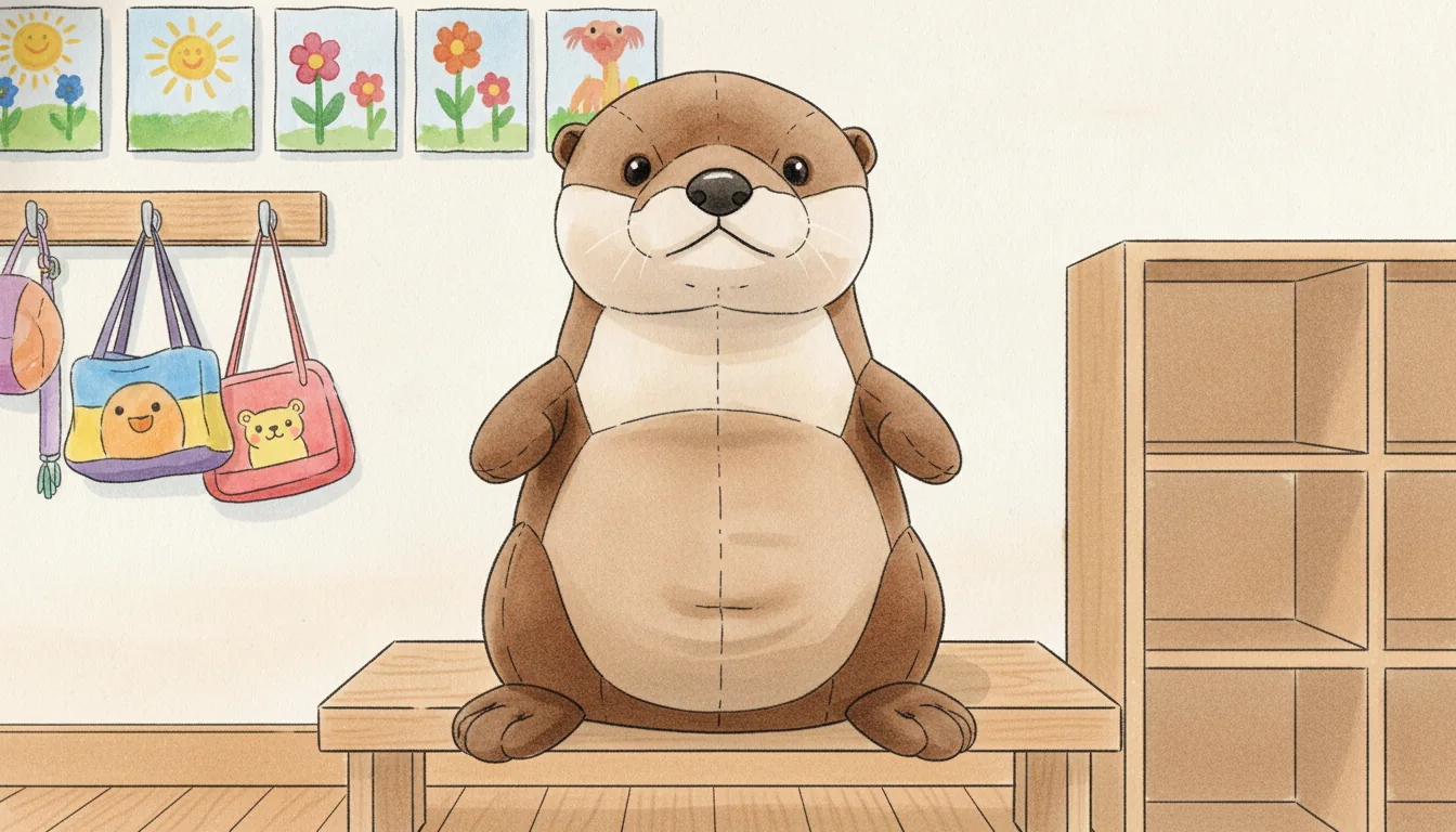 Derselbe Plüsch-Otter als Aquarell-Held vor der Kita-Garderobe am letzten Tag