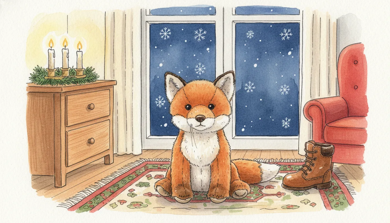 Derselbe Plüsch-Fuchs als Aquarell-Held in einer Wohnzimmerecke bei Kerzenlicht, draußen fällt Schnee