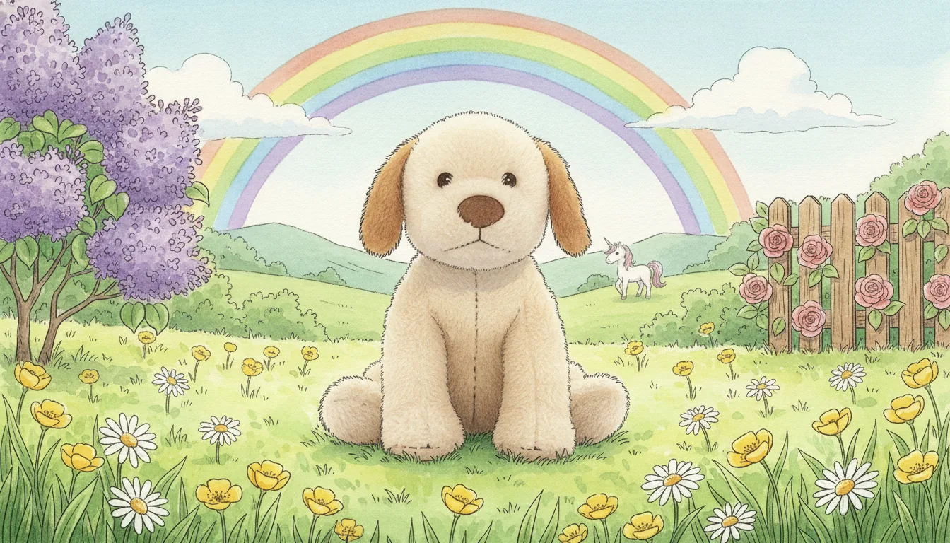 Derselbe Plüsch-Hund als Aquarell-Held auf einer Blumenwiese unter einem Regenbogen, hinten ein Einhorn