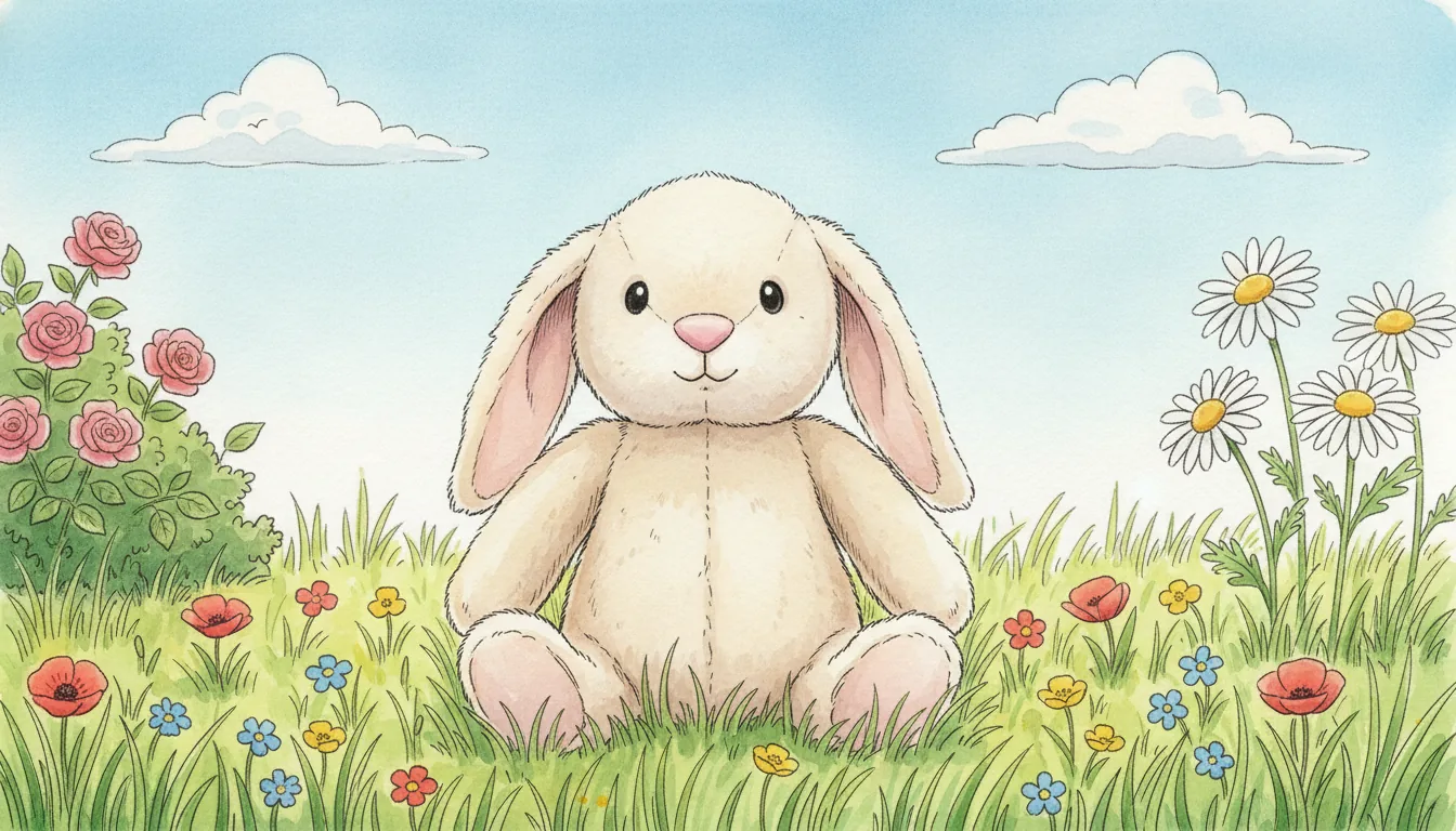 Derselbe Plüsch-Hase als Aquarell-Held auf einer Wiese, mit einem Namensschild aus Blumen