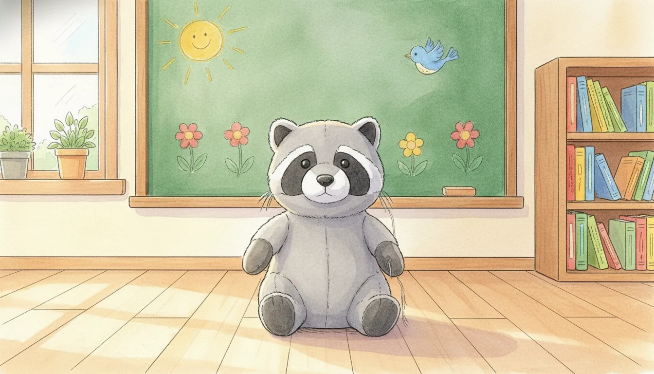 Derselbe Plüsch-Waschbär als Aquarell-Held in einem freundlichen Klassenzimmer