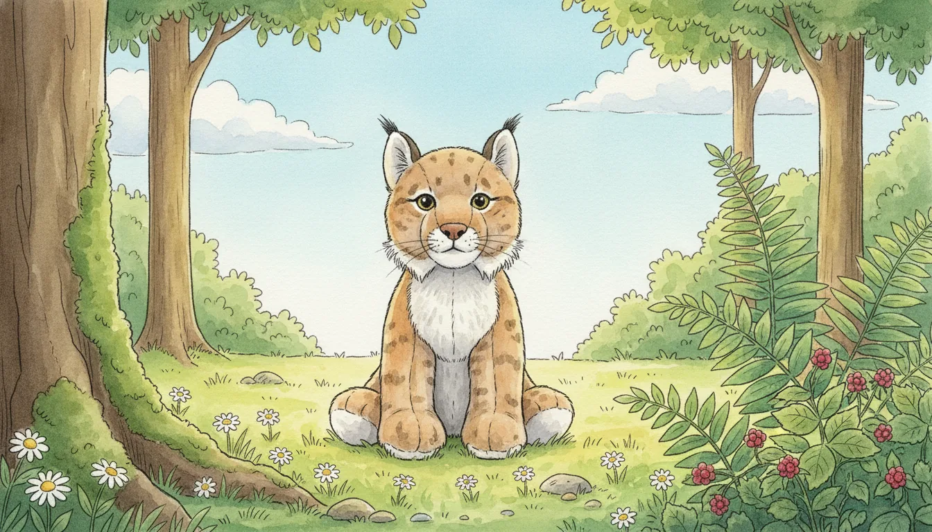 Derselbe Plüsch-Luchs als Aquarell-Held auf einer sonnigen Waldlichtung