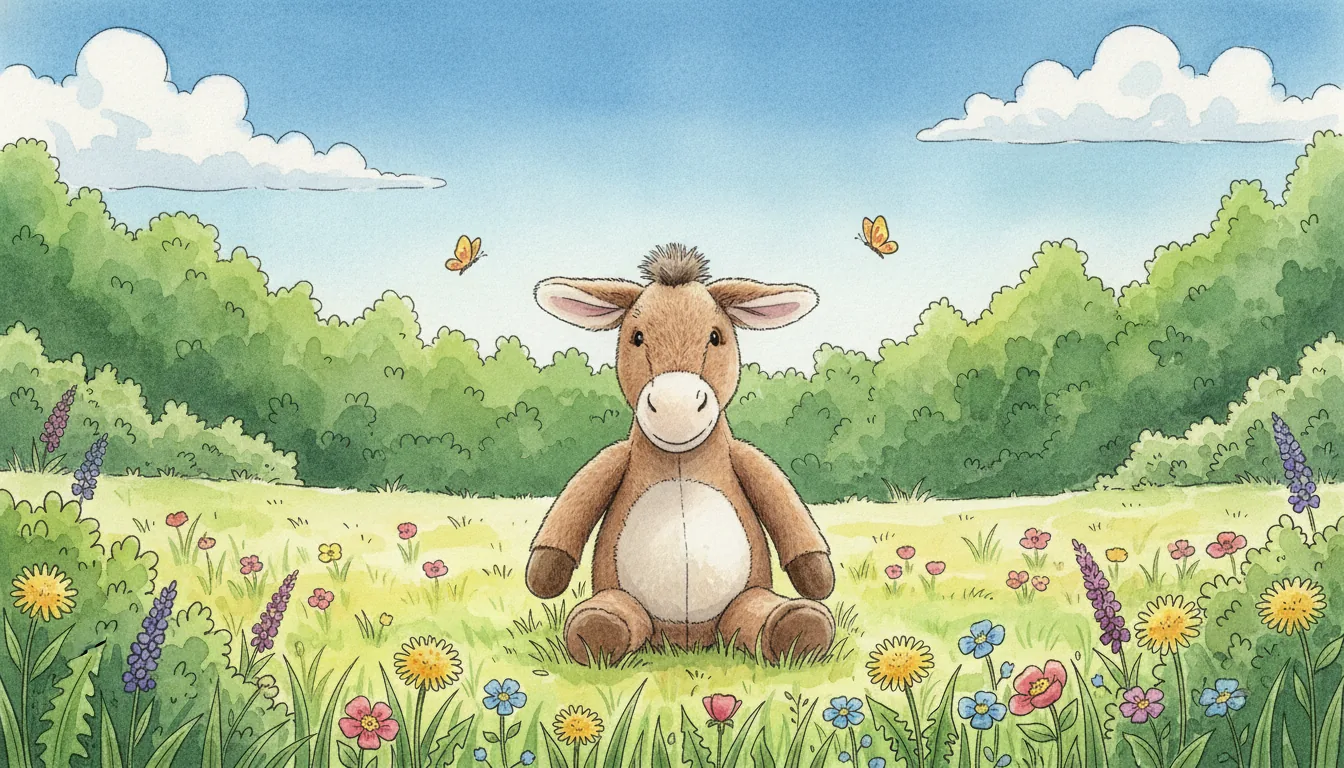 Derselbe Plüsch-Esel als Aquarell-Held auf einer sonnigen Wiese am Waldrand