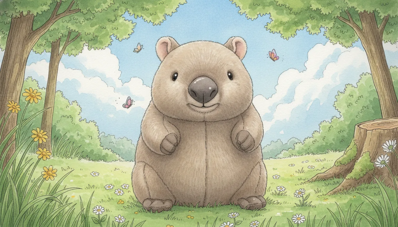 Derselbe Plüsch-Wombat als Aquarell-Held auf einer sonnigen Waldlichtung