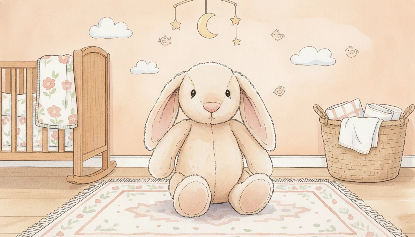 Dasselbe Plüsch-Kaninchen als Aquarell-Held in einem hellen Babyzimmer