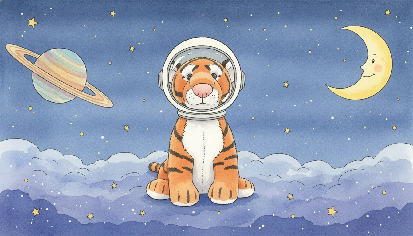 Derselbe Plüsch-Tiger als Aquarell-Held im Astronautenhelm vor einem warmen Sternenhimmel mit bunten Planeten
