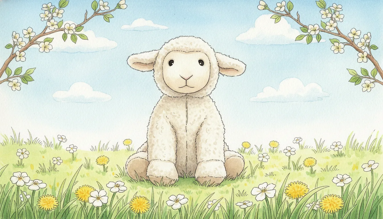 Dasselbe Plüsch-Lamm als Aquarell-Held auf einer sonnigen Frühlingswiese