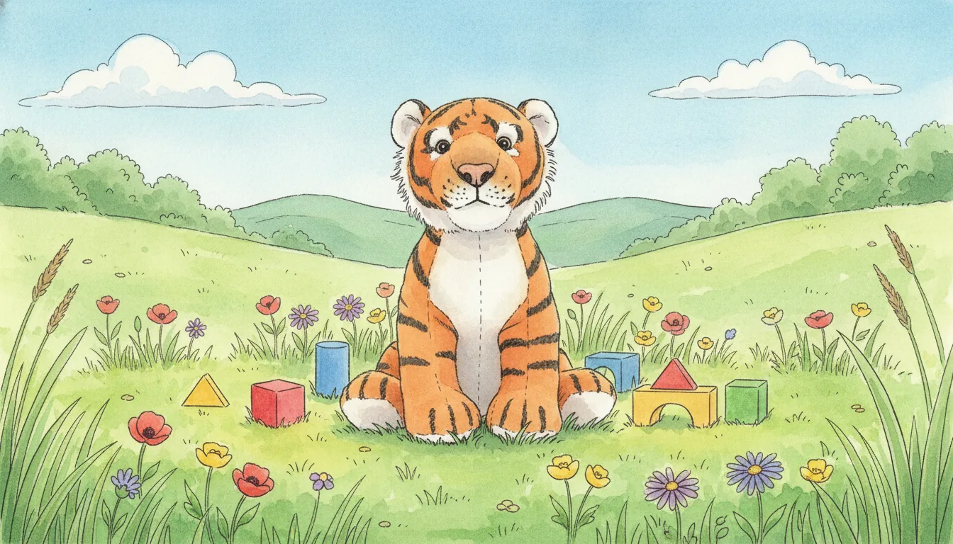 Derselbe Plüsch-Tiger als Aquarell-Held auf einer sonnigen Wiese mit bunten Bauklötzen im Gras