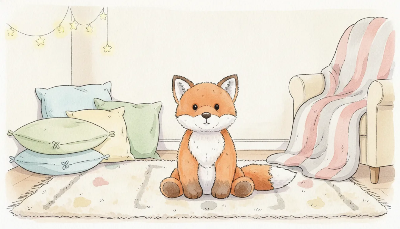 Derselbe Plüsch-Fuchs als Aquarell-Held in einer gemütlichen Vorleseecke