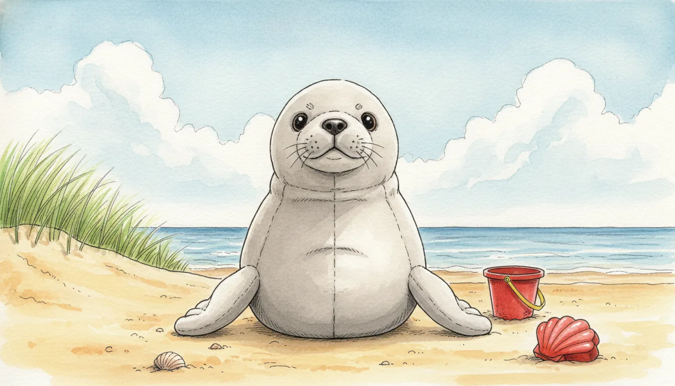 Dieselbe Plüsch-Robbe als Aquarell-Held an einem sonnigen Strand
