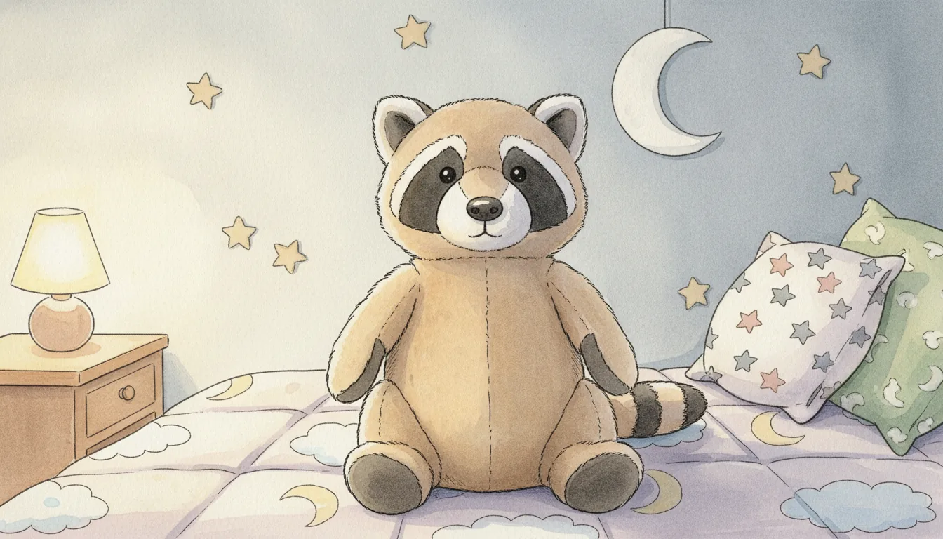 Derselbe Plüsch-Waschbär als Aquarell-Held im gemütlichen Vorlesezimmer