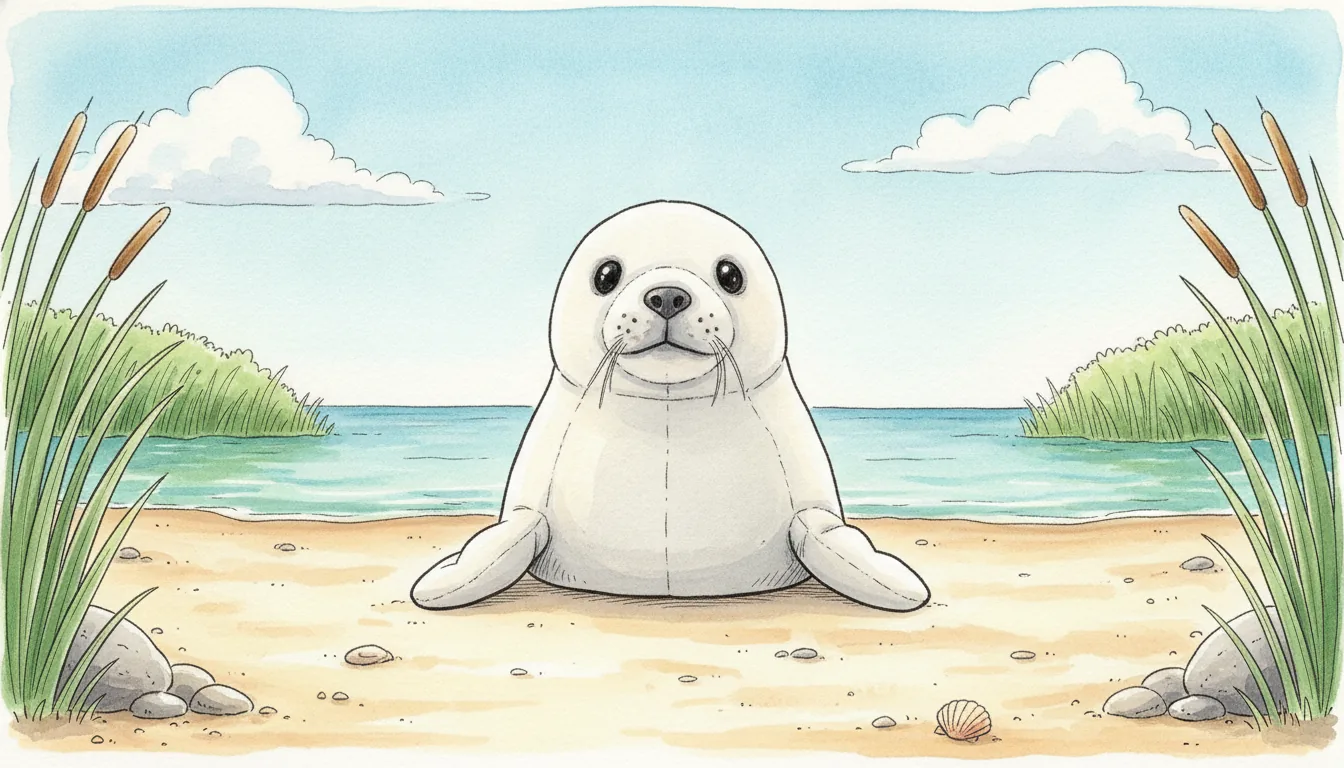 Dieselbe Plüsch-Robbe als Aquarell-Held auf einer sonnigen Sandbucht am Wasser