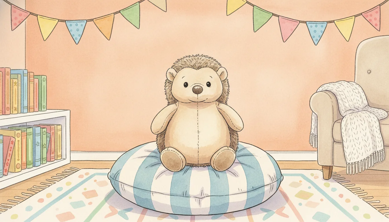Derselbe Plüsch-Igel als Aquarell-Held in einer hellen Leseecke voller bunter Bilderbücher