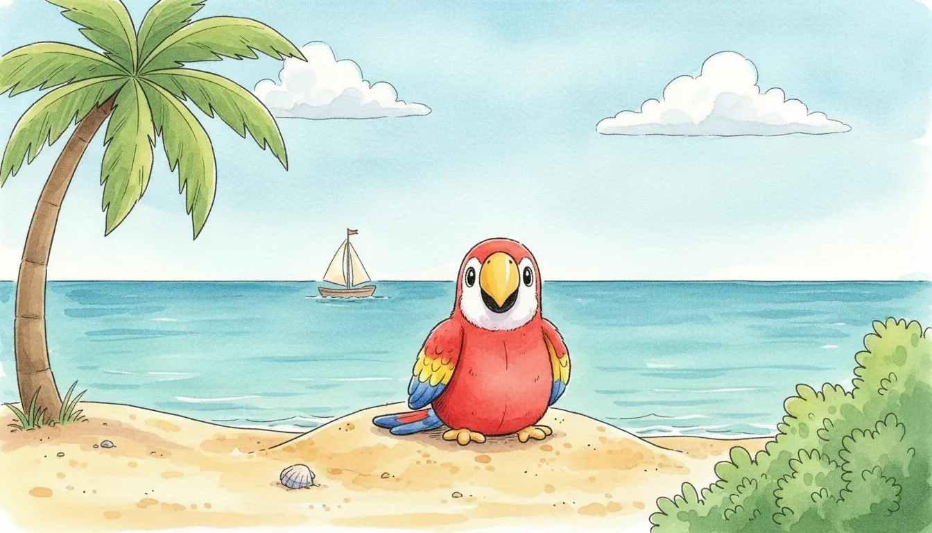Derselbe Plüsch-Papagei als Aquarell-Held auf einer sonnigen Sandinsel, dahinter ein Segelschiff in der Bucht