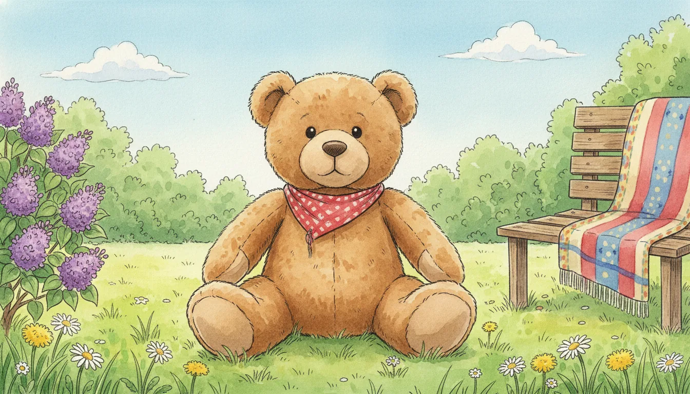 Derselbe Plüsch-Bär als Aquarell-Held auf einer sonnigen Parkwiese