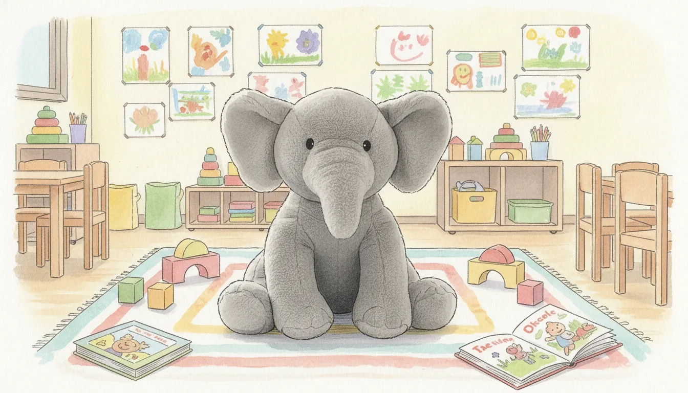 Derselbe Plüsch-Elefant als Aquarell-Held im Kindergarten zwischen Spielsachen