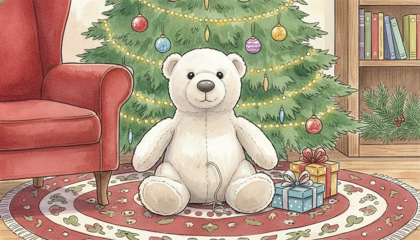 Derselbe Plüsch-Eisbär als Aquarell-Held in einer weihnachtlich geschmückten Wohnzimmerecke