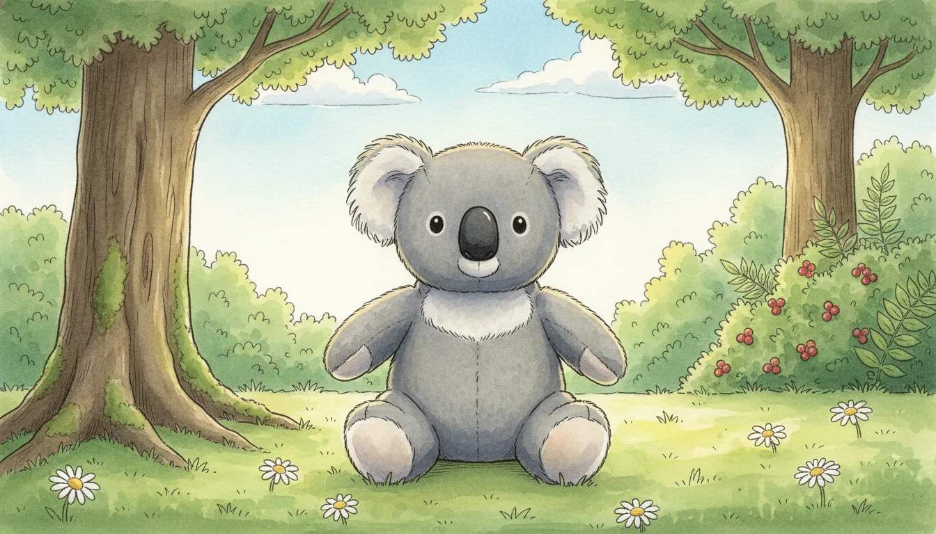 Derselbe Plüsch-Koala als Aquarell-Held auf einer sonnigen Waldlichtung