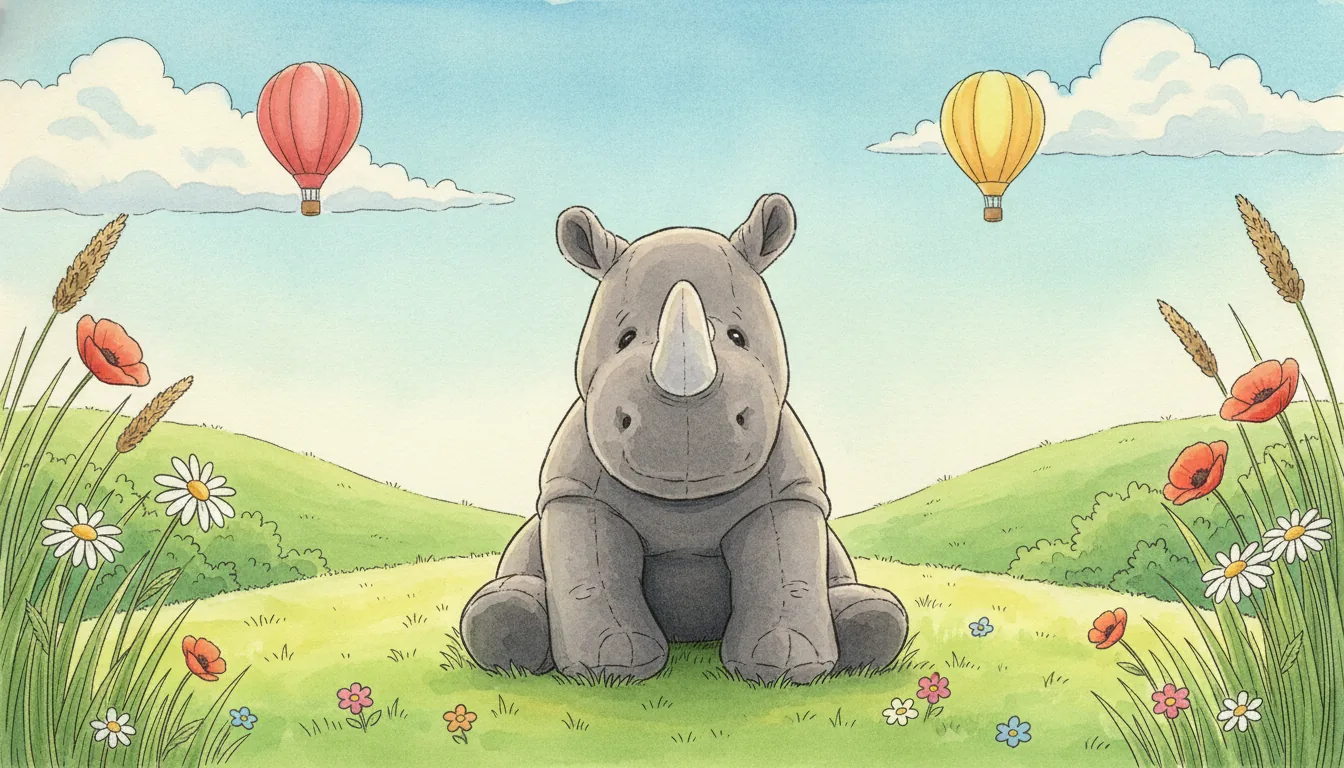 Dasselbe Plüsch-Nashorn als Aquarell-Held auf einer sonnigen Blumenwiese