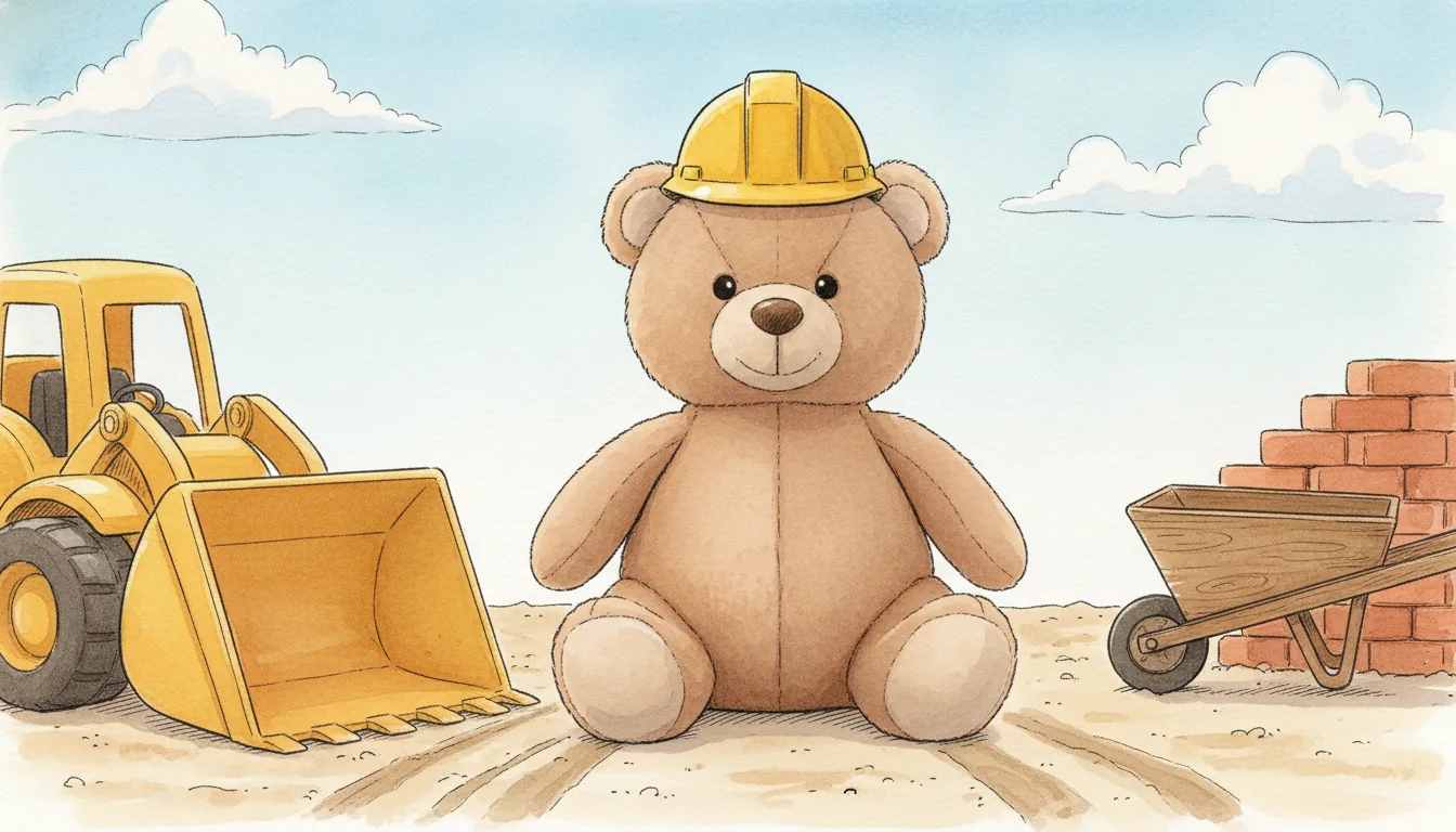 Derselbe Plüsch-Bär als Aquarell-Held mit gelbem Bauhelm auf einer sonnigen Baustelle, dahinter ein großer gelber Bagger