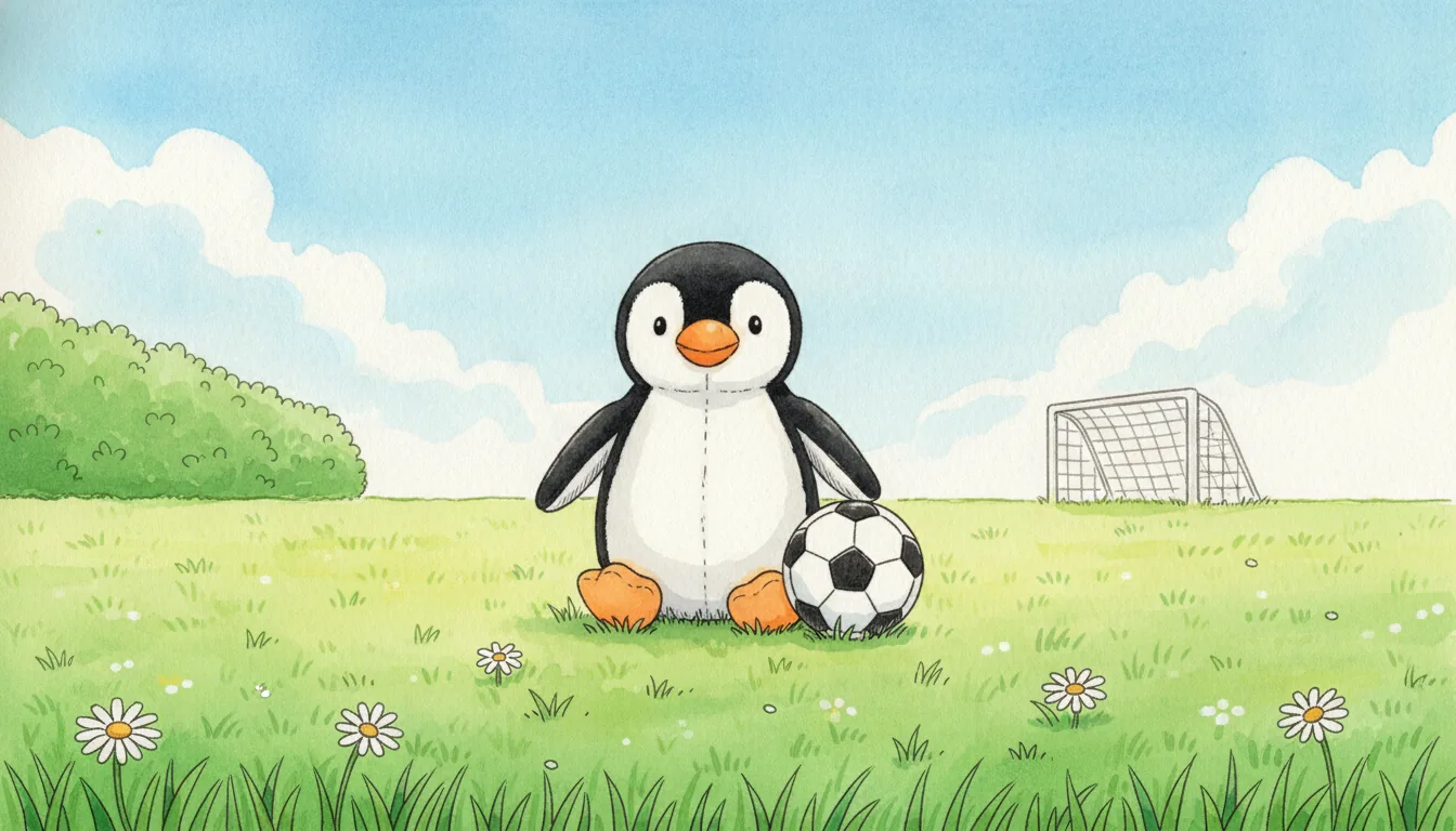 Derselbe Plüsch-Pinguin als Aquarell-Held auf einem sonnigen Bolzplatz mit kleinem Tor und Fußball