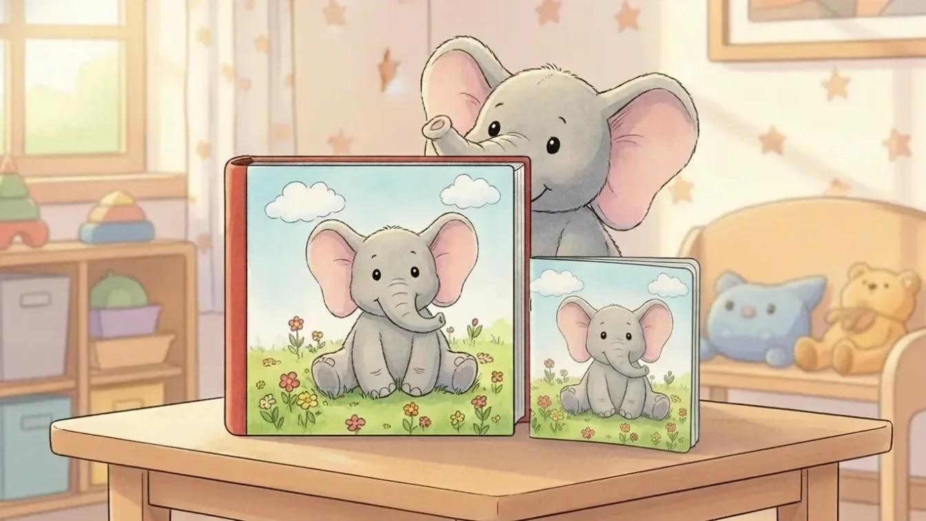 Illustration: zwei Knuffel-Bücher auf einem Tisch, links das große Hardcover, rechts das deutlich kleinere Softcover. Dahinter schaut ein grauer Plüschelefant über den Rand des großen Buchs.