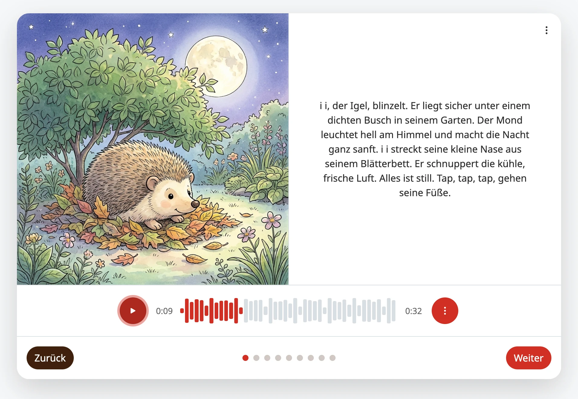 Der Story-Viewer von Knuffel mit einer Buchseite: links die Illustration eines Igels im nächtlichen Garten, rechts der Text, darunter der Vorlese-Player mit Abspielknopf, Tonspur und Zeitangabe.