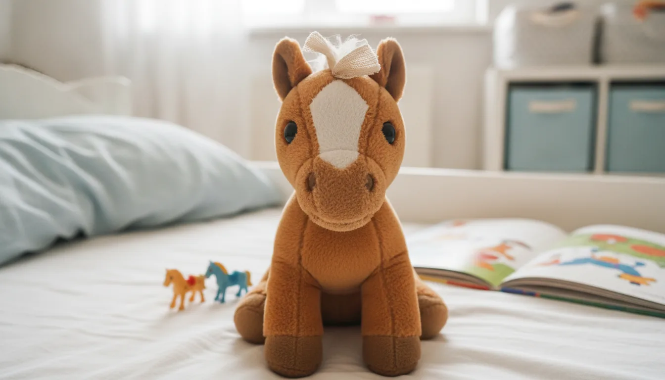 KI-generiertes Beispielfoto: Plüsch-Pony sitzt auf einer zerwühlten Bettdecke im Kinderzimmer, daneben kleine Spielzeugpferde
