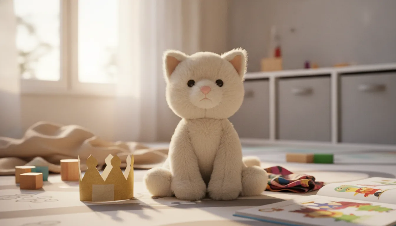 KI-generiertes Beispielfoto: Plüsch-Katze sitzt auf einem Kinderzimmerteppich, daneben eine selbst gebastelte Krone aus Goldpapier