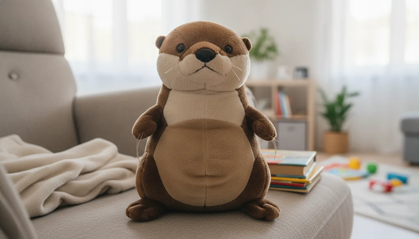 KI-generiertes Beispielfoto: brauner Plüsch-Otter auf einem Sessel im Wohnzimmer