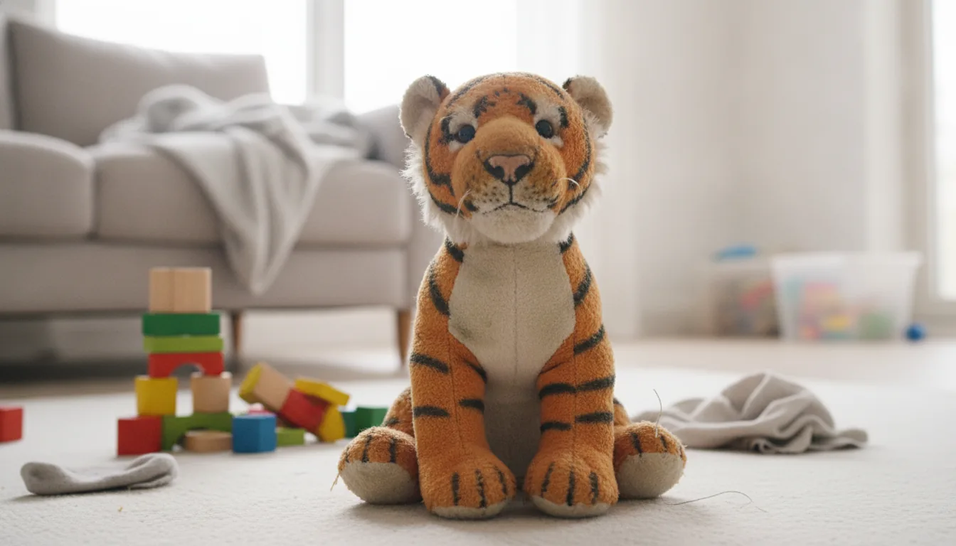 KI-generiertes Beispielfoto: Plüsch-Tiger auf einem Spielteppich im Wohnzimmer