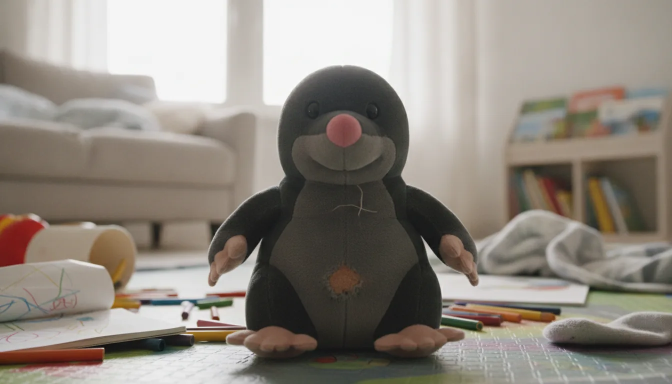 KI-generiertes Beispielfoto: Plüsch-Maulwurf sitzt auf einem Spielteppich zwischen Stiften und Papier