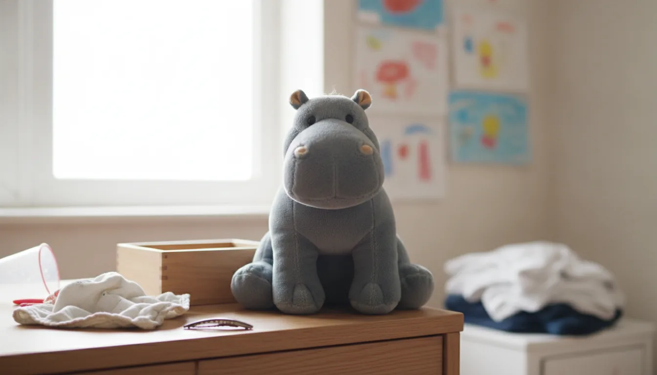 KI-generiertes Beispielfoto: Plüsch-Nilpferd auf einer Kommode im Kinderzimmer