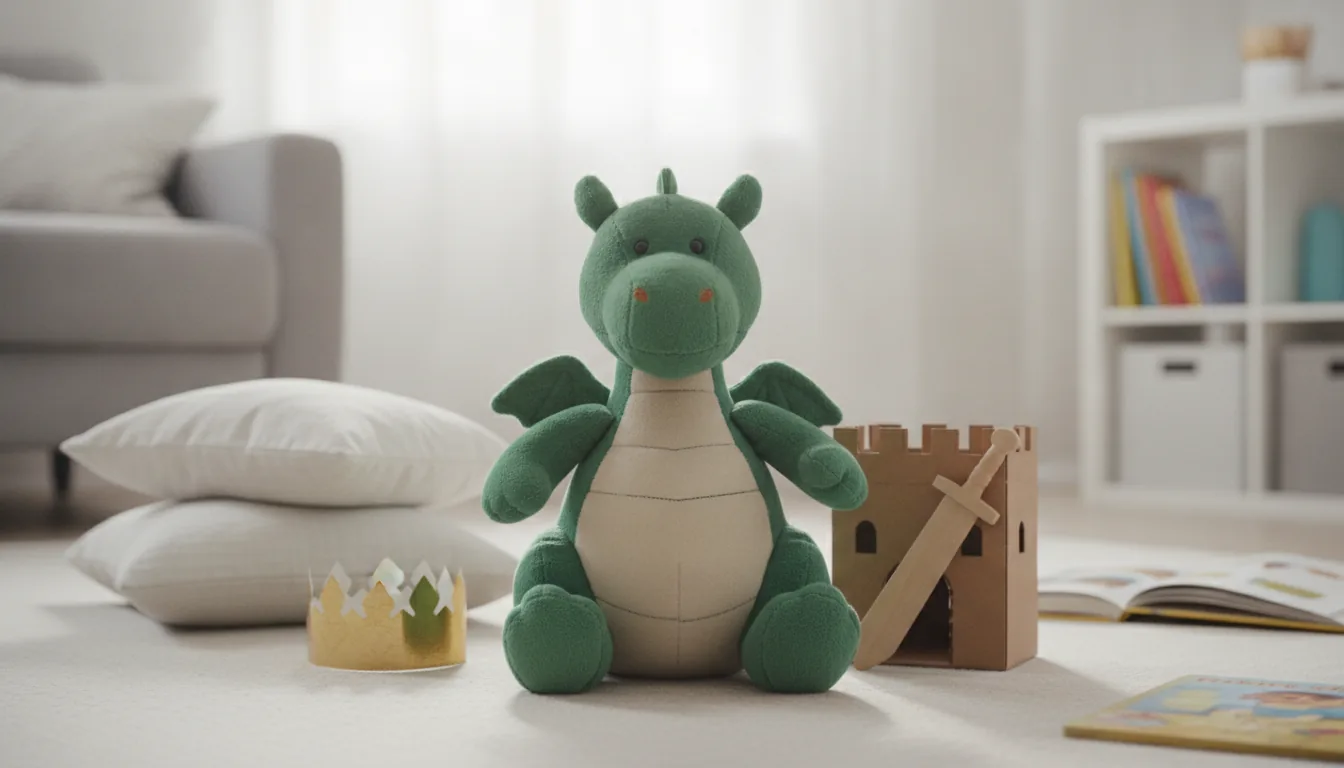 KI-generiertes Beispielfoto: Plüsch-Drache sitzt auf einem Wohnzimmerteppich, daneben eine gebastelte Burg aus Pappkarton mit einem kleinen Holzschwert