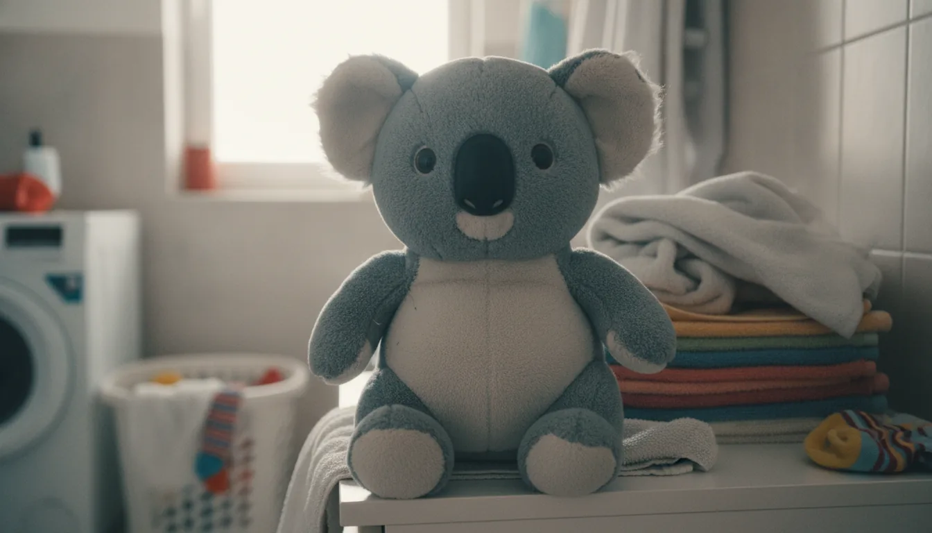KI-generiertes Beispielfoto: Plüsch-Koala auf einem Stapel Wäsche im hellen Badezimmer