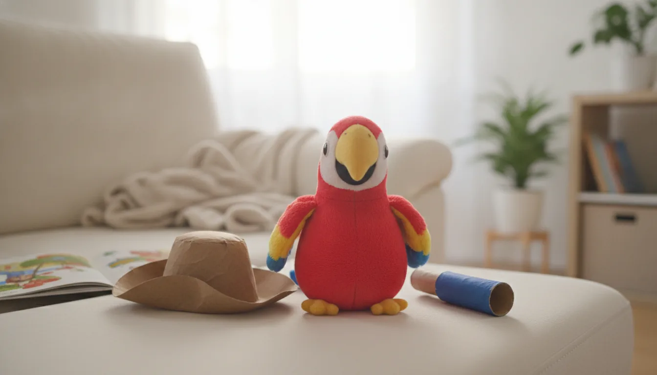 KI-generiertes Beispielfoto: Plüsch-Papagei sitzt auf einem hellen Sofa, daneben ein Piratenhut aus Bastelpapier und ein Fernrohr aus einer Küchenrolle