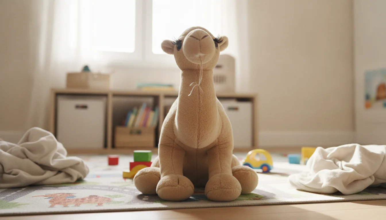 KI-generiertes Beispielfoto: sandbeiges Plüsch-Kamel auf einem Spielteppich im Kinderzimmer