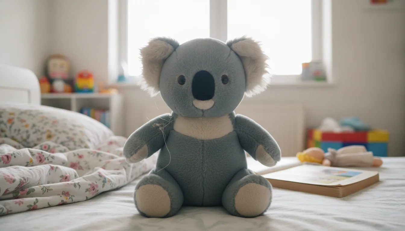 KI-generiertes Beispielfoto: Plüsch-Koala sitzt auf einer zerwühlten Bettdecke im Kinderzimmer