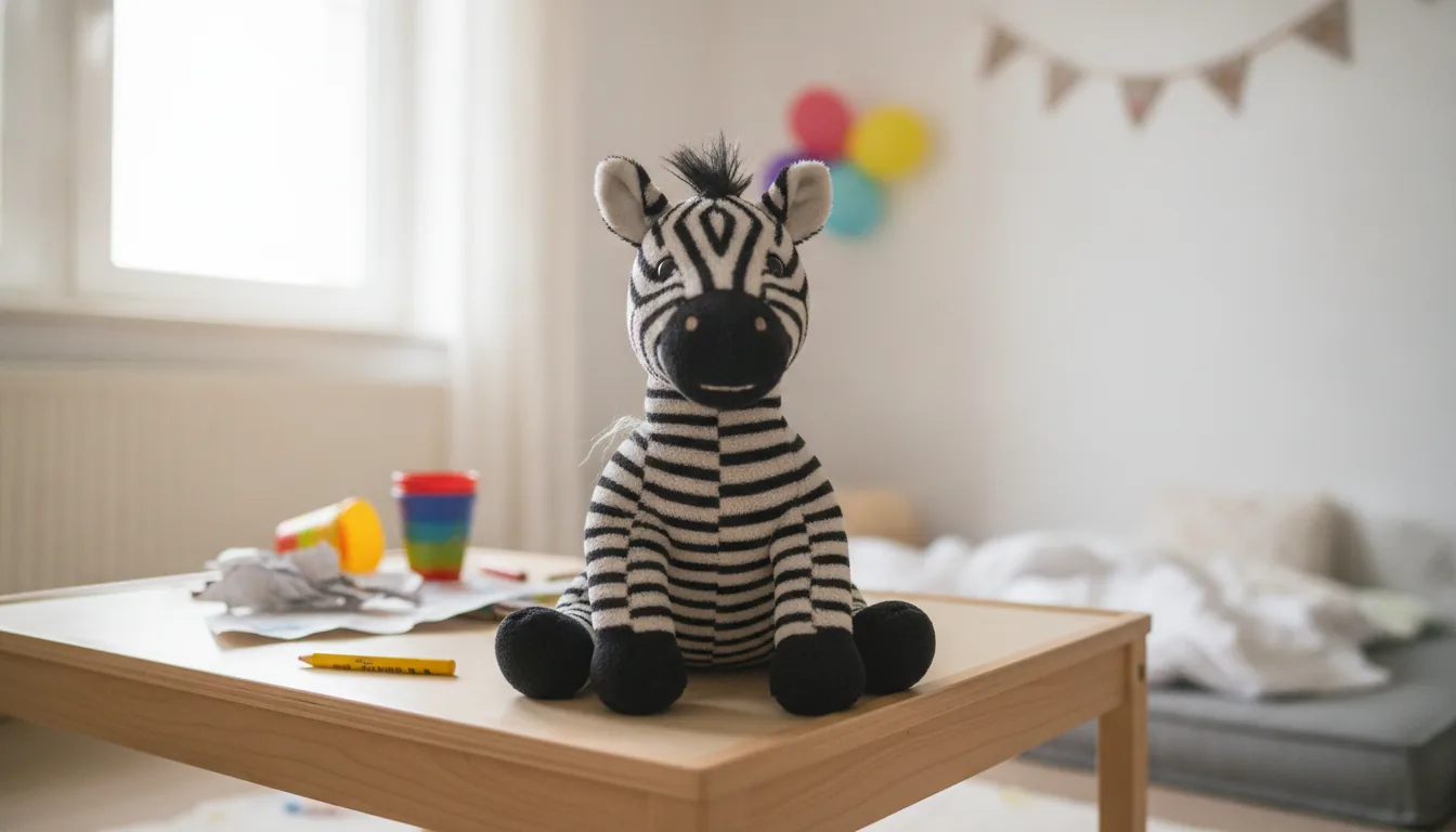 KI-generiertes Beispielfoto: Plüsch-Zebra auf einem niedrigen Spieltisch im Kinderzimmer