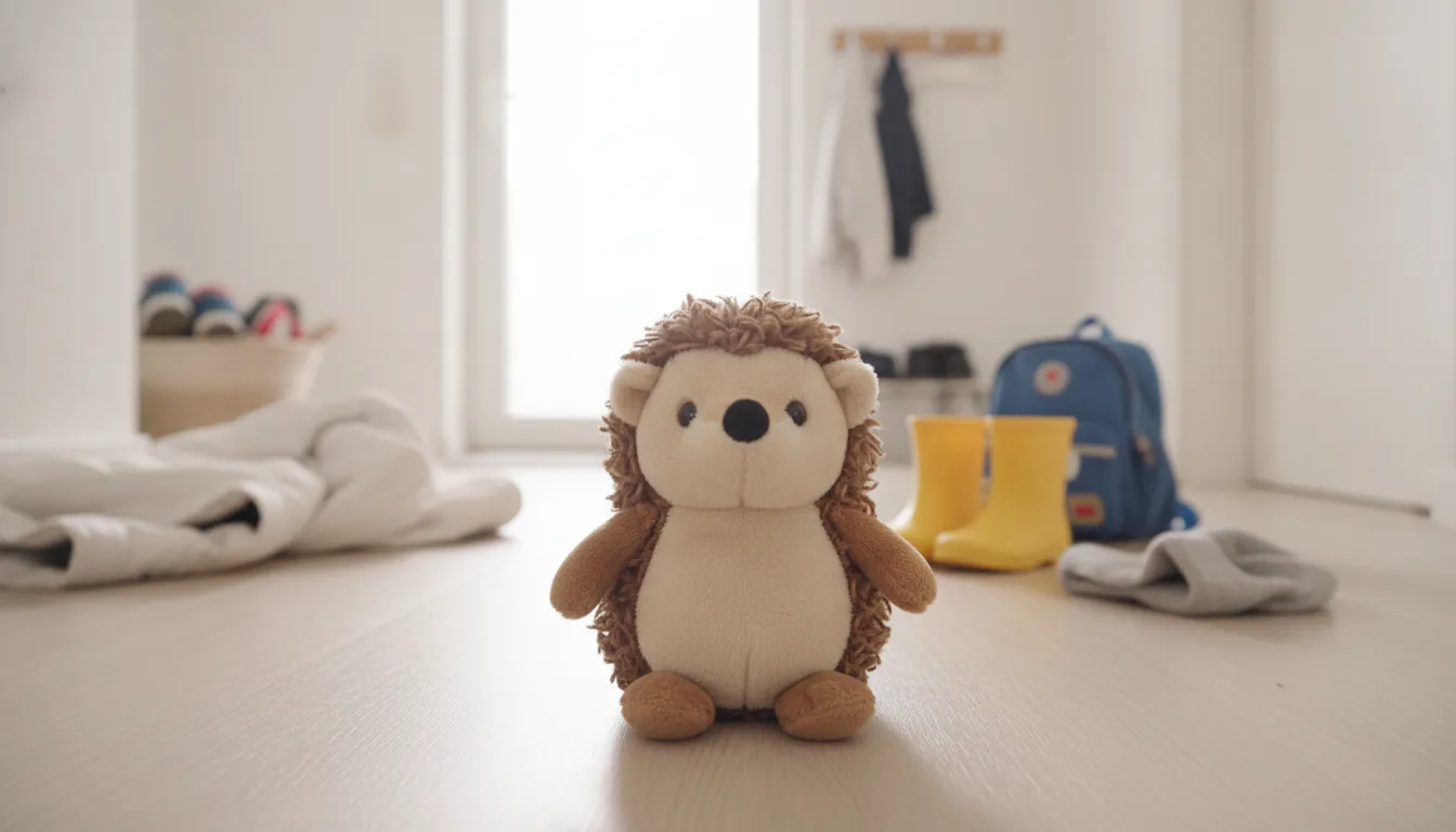 KI-generiertes Beispielfoto: Plüsch-Igel sitzt im hellen Hausflur neben kleinen Gummistiefeln und einem Kinderrucksack