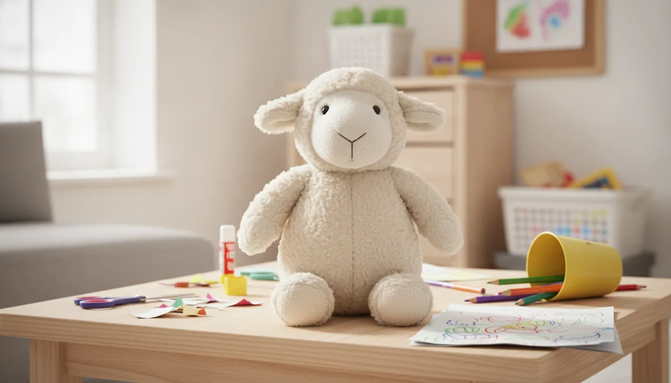 KI-generiertes Beispielfoto: Plüsch-Schaf sitzt zwischen Bastelsachen auf einem Kindertisch