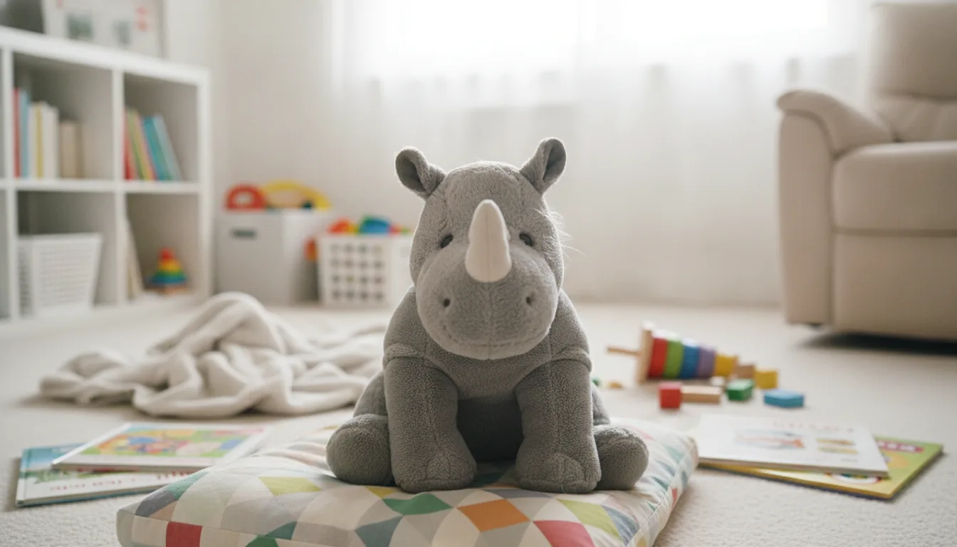 KI-generiertes Beispielfoto: graues Plüsch-Nashorn auf einem großen Sitzkissen in der Leseecke