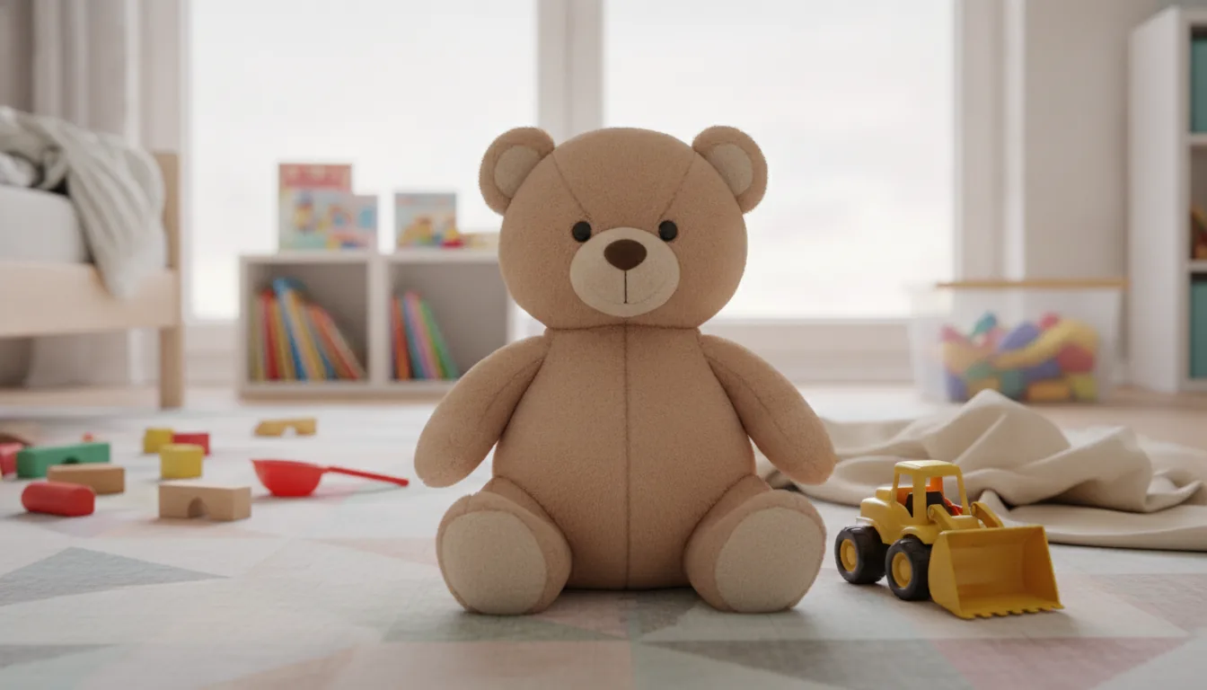 KI-generiertes Beispielfoto: abgeliebter Plüsch-Bär sitzt auf einem Kinderzimmerteppich neben einem gelben Spielzeugbagger